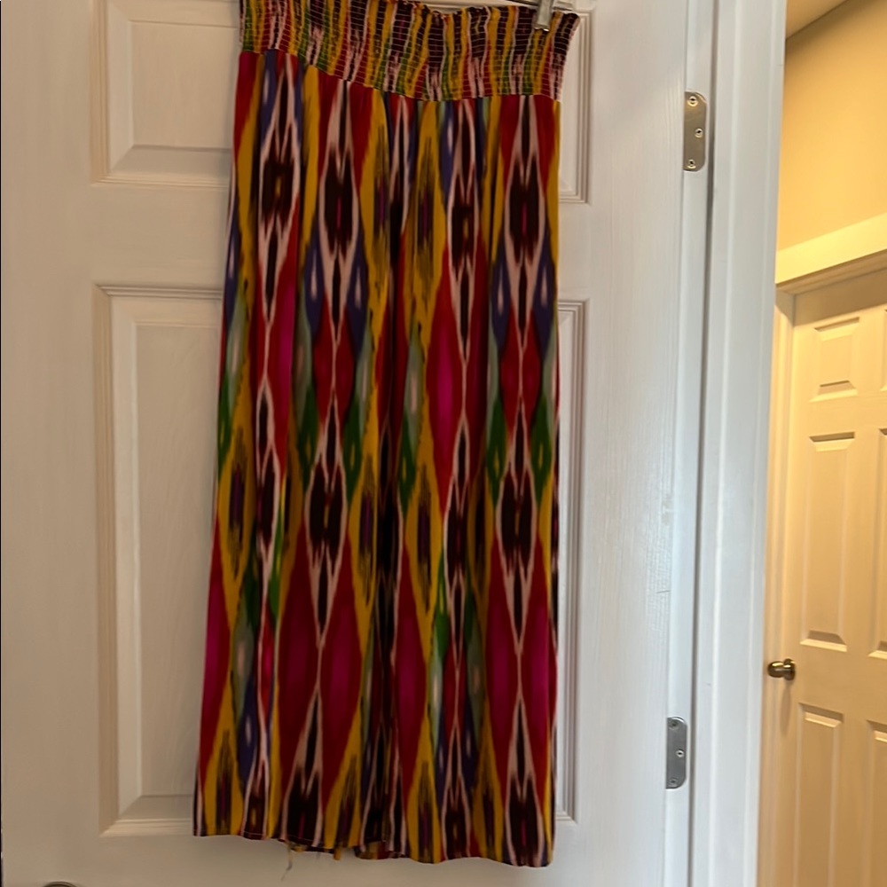 Anthropologie Red Black Smocked Pencil Midi Skirt